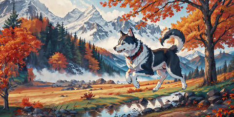 Siberian husky runs along the road in the autumn mountain park, yellow and red foliage.