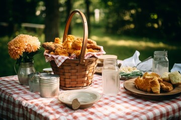 A picnic table with a basket of fried chicken on it