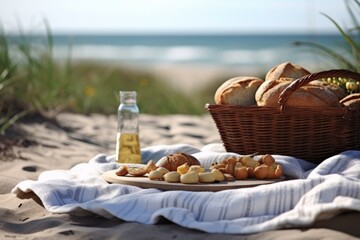 Freshly baked bread basket on a sandy beach, with the ocean in the background. Generative AI