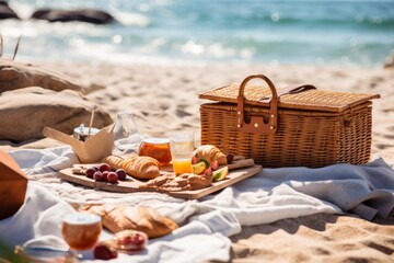 Beach picnic with a delicious basket of food. Generative AI