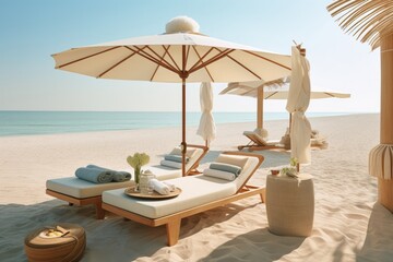 Obraz premium Two beach chairs on a sandy beach with a beautiful ocean view. Generative AI