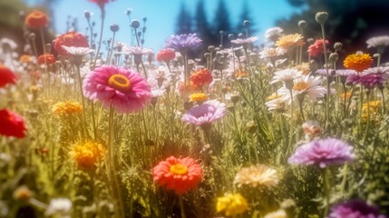 Fototapeta na wymiar Colorful Meadow of Blooming Flowers. Landscape Render.