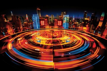 Vibrant city skyline illuminated by dazzling lights at night. Essence of energy flow. Generative AI