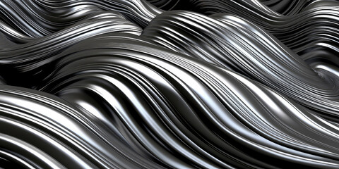 Close-up texture of liquid shiny metal in silver gray color with big waves. Liquid metallic texture, wallpaper for web promotion. Generative AI 3d render illustration imitation.
