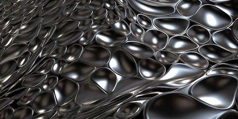 Close-up texture of liquid shiny metal in silver gray color with cells. Liquid metallic texture, backdrop for web promotion. Generative AI 3d render illustration imitation.