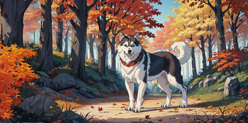 Siberian husky runs along the road in the autumn mountain park, yellow and red foliage.