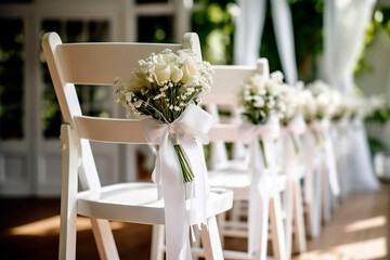 White wooden chairs decorated with flowers and bright satin ribbons, wedding decor at the ceremony.