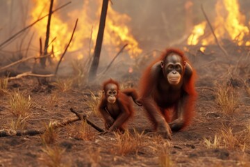 Two orang utans sitting in front of a cozy campfire in the wilderness. Generative AI