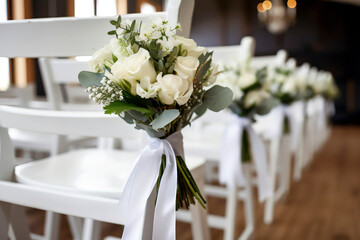 White wooden chairs decorated with flowers and bright satin ribbons, wedding decor at the ceremony.