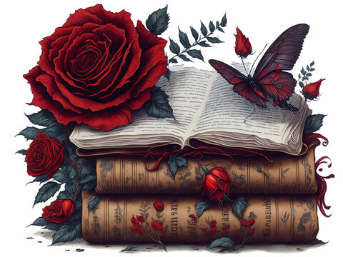 Floral Books, Vintage Book Clipart with Red Roses and butterfly. Generative AI