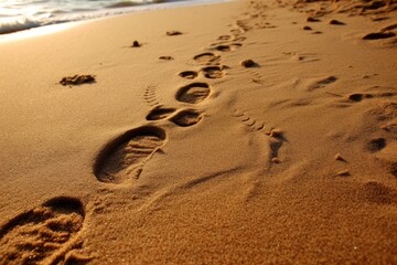 Footprints in the sand on a beach. Generative AI