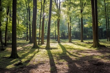 Sun rays shining through the trees in a beautiful forest. Generative AI