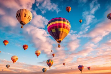 Fototapeta premium Hot air balloons floating in the sky with a colorful view of the landscape. Generative AI