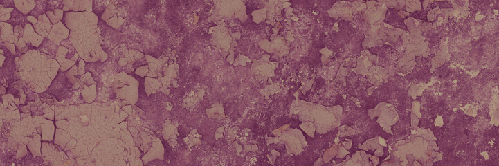 Peeling paint on the wall. Panorama of a concrete wall with old cracked flaking paint. Weathered rough painted surface with patterns of cracks and peeling. Panoramic texture for background and design.