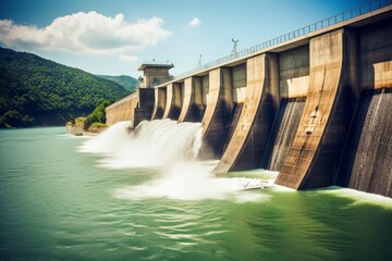 Massive dam releasing a powerful rush of water. Generative AI