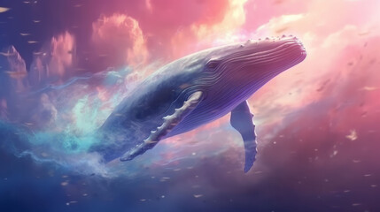 Fototapeta na wymiar Blue whale swimming or flying in mystic sky ocean. Generative ai