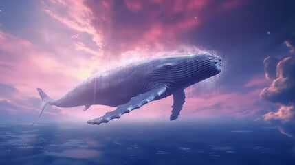 Fototapeta premium Blue whale swimming or flying in mystic sky ocean. Generative ai