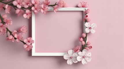Close up blank photo frame with springs flowers season. Generative ai