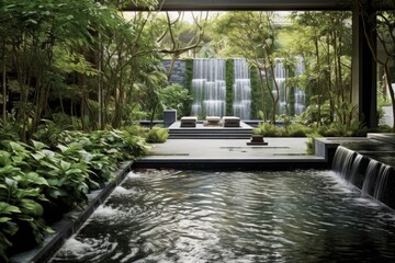 Serene garden with a stunning waterfall centerpiece. Generative AI