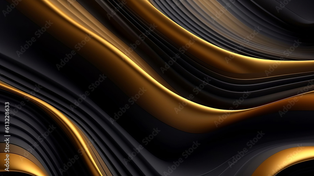 Poster a gold and black abstract background with flowing lines. generative ai