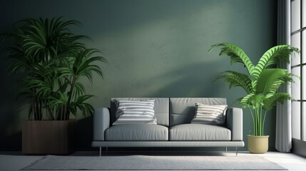 Fototapeta premium A cozy living room with a comfortable couch and green potted plants. Generative ai