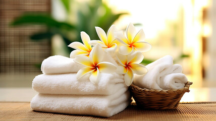 Obraz na płótnie Canvas Spa and wellness setting with frangipani flower and towels.