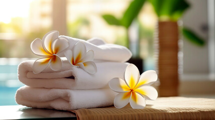 Fototapeta na wymiar Spa and wellness setting with frangipani flower and towels.