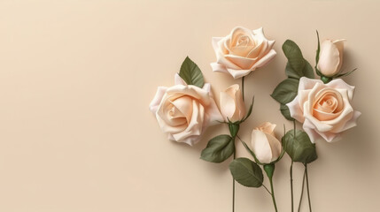 A beautiful bouquet of pink roses on a neutral beige background. Generative ai