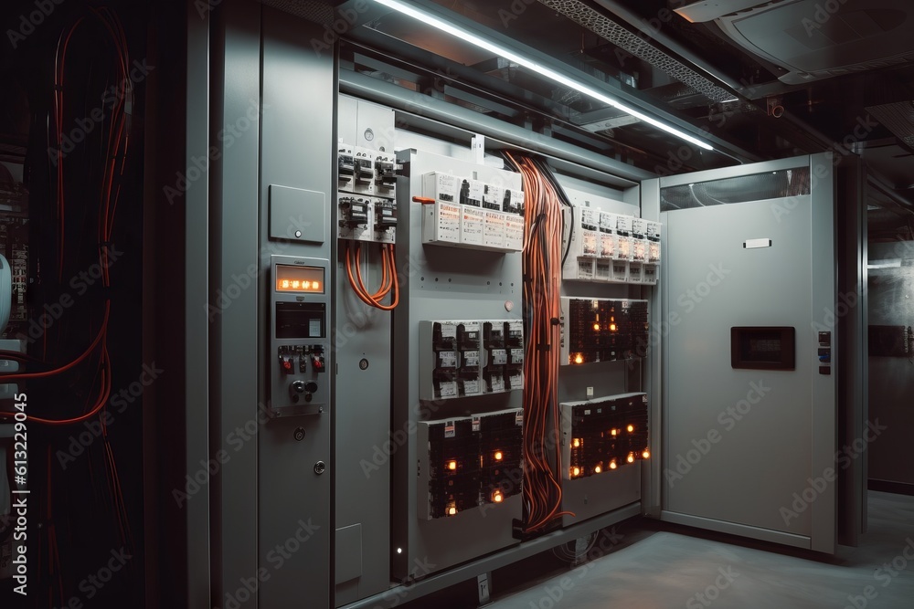 Poster high-tech equipment room with advanced machinery and computers. generative ai