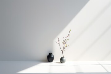 Two black vases on a white table creating a modern and elegant contrast. Generative AI