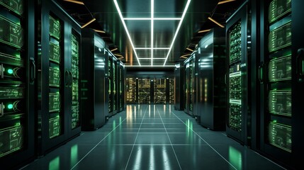 High-tech server room with rows of servers, electric board in a long hallway. Generative AI