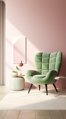 Minimalist Pink Bedroom with a Green Armchair