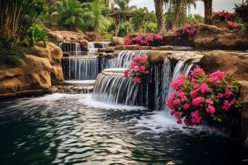 Picturesque waterfall with vibrant pink flowers in the foreground. Generative AI