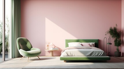 Minimalist Pink Bedroom with a Green Armchair