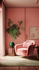 Minimalist Pink Bedroom with a Green Armchair