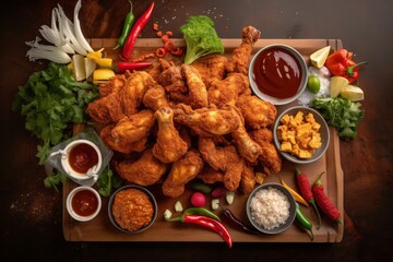 Delicious platter of crispy fried chicken with an array of dipping sauces and condiments. Generative AI