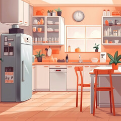 Interior of a kitchen with furniture and appliances. Illustration.