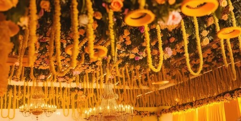 traditional and blossom marigold flower garland backdrop for hindu spiritual generative ai