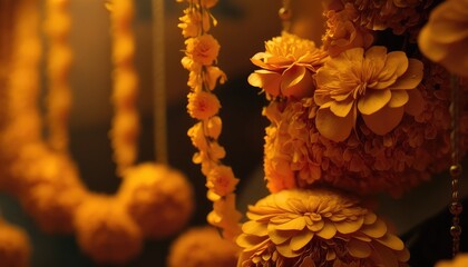 traditional marigold flower garland photography for hindu rituals decoration generative ai - obrazy, fototapety, plakaty