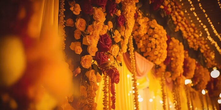 elegant and decorative zendu flower garland wallpaper for hindu culture generative ai