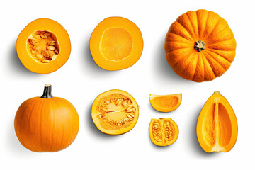 Set of fresh whole and sliced pumpkin isolated on white background. Top view. Ai generative