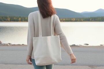 Young woman carrying a blank white cotton tote bag  in a lake side view with mountain and road in front of her. mockup design, Generative AI