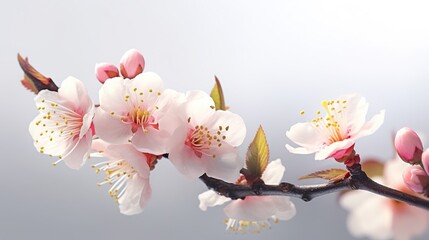 Realistic fruit tree branch with spring flowers. Beautiful flowering almond tree in spring day. Generative AI. Illustration for cover, card, postcard, brochure, advertising or presentation.