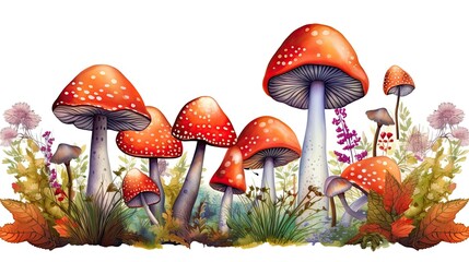 Amanita Mushrooms: An Inedible, Forest-Dwelling Collection for Autumn Illustration Art, Generative AI
