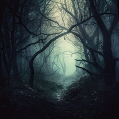 Mysterious, Misty Fantasy Landscape: Dark Forest with Fog and Horror Design Illustrated. Generative AI
