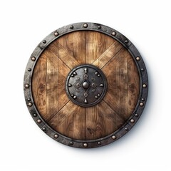 Retro Viking Shield on White Background - Protective Wooden Sign from Mediaeval Times, Generative AI - obrazy, fototapety, plakaty