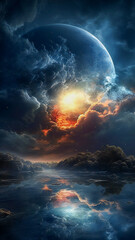 Strange, fantasy dream alien planet, with clouds and a big moon rising. Created with Generative AI technology.