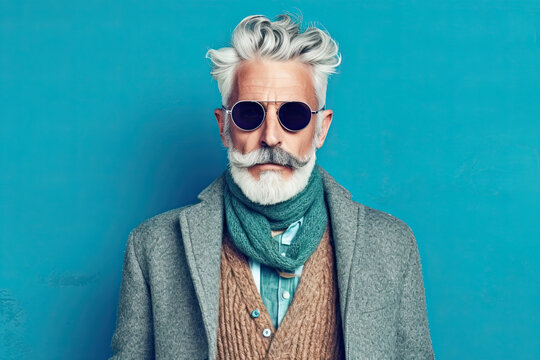 Studio shot of handsome senior man hipster dressed in stylish coat and sunglasses. Isolated on blue background Generative AI