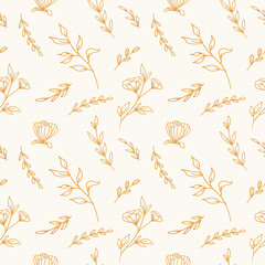 Gold hand drawn flowers and leaves with seamless patterns on white background