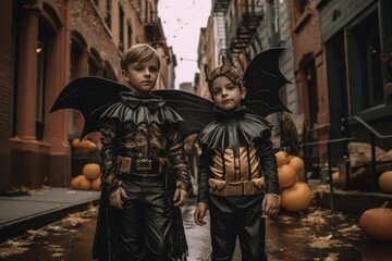 Fototapeta na wymiar two children dressed as bats for halloween. Created with generative AI technology.